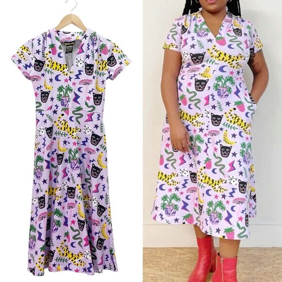 Nooworks Greta Dress XS Purple Graphic Print Fit & Flare Cotton Jersey Pockets - Picture 12 of 12